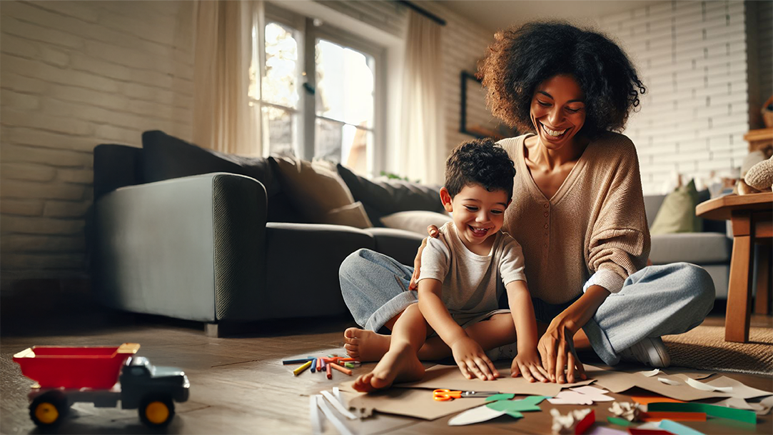 A parent and child make paper crafts on their living room floor