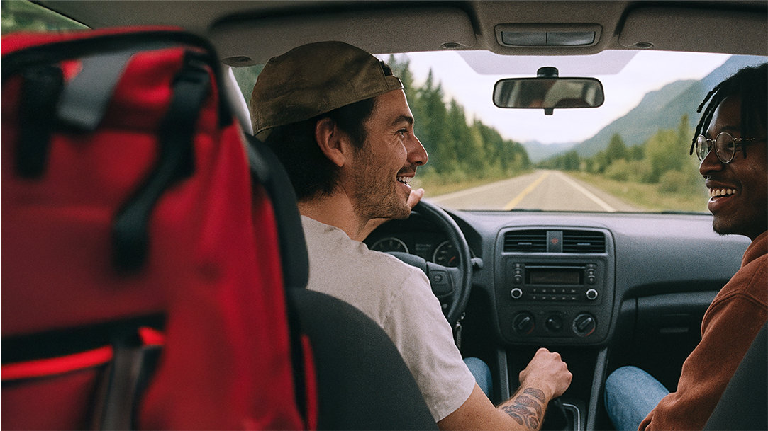 Two friends who used an AI road trip generator as an itinerary planner in a car on the road