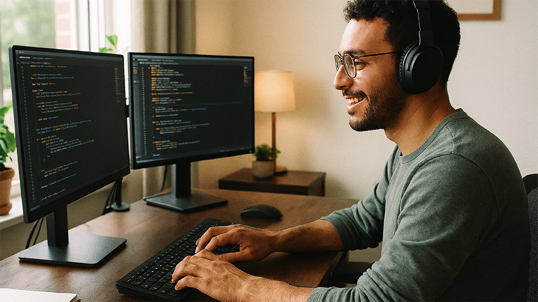 A happy developer using AI for coding in his home office setup