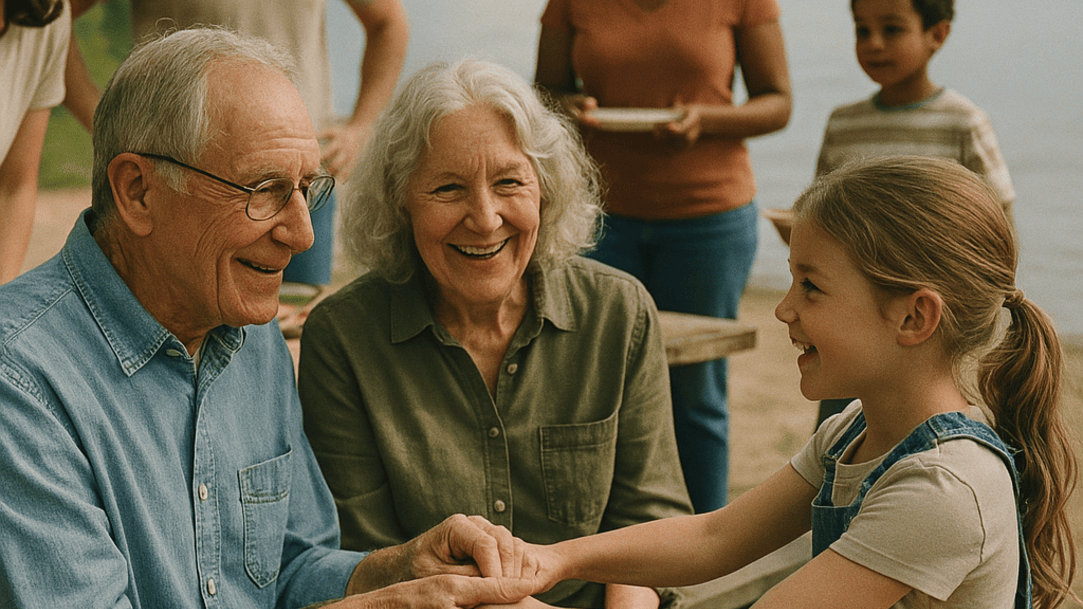 Grandparents and their grandchild spending time together by the lake at a family reunion