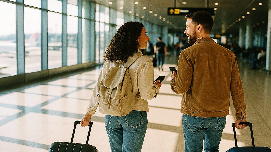 A young couple walking through an airport after using AI for travel planning for their vacation