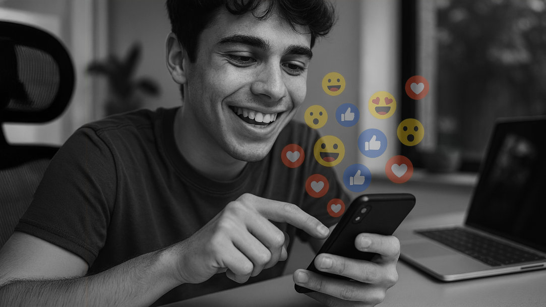 A man using his Copilot on his phone, at a desk with transparent smile, heart, and thumbs up emoji's hovering over his phone