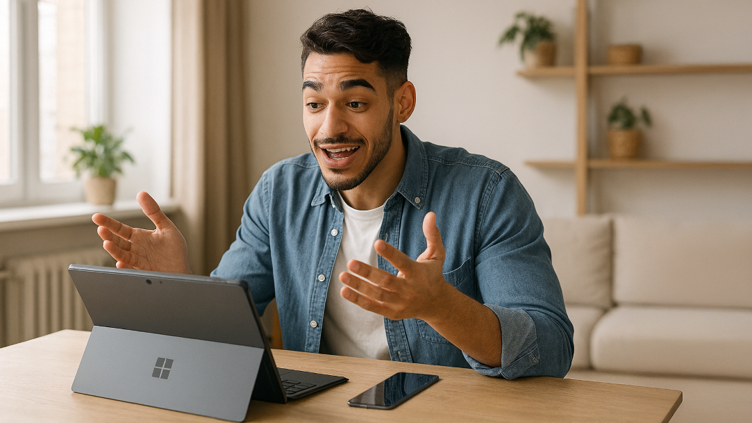 A man is talking with Copilot on his Surface Pro in a naturally lit room