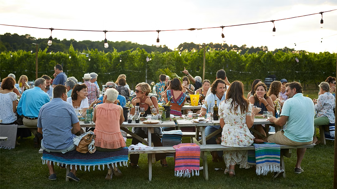 People having an outdoor picnic at a summer family reunion