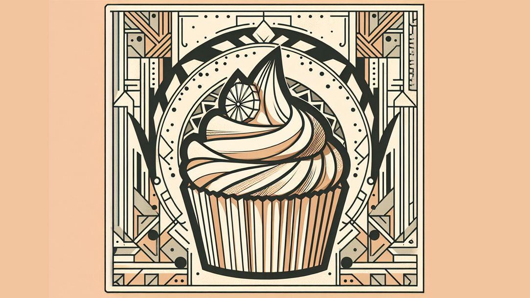 An illustration of a cupcake influenced by the Art Deco movement, with geometric shapes and bold lines