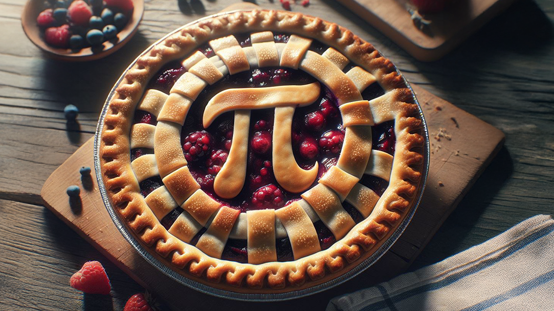 A top-down view of a raspberry pie with the symbol for pi in the center