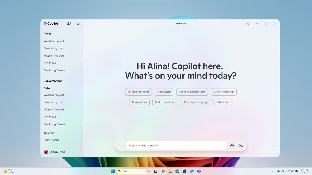 Windows 11 screen showing Copilot+ PC Bloom with Copilot consumer app UI