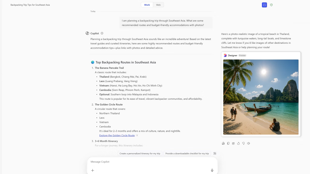 A screenshot of Bing Chat results with pre-generated prompt responses below