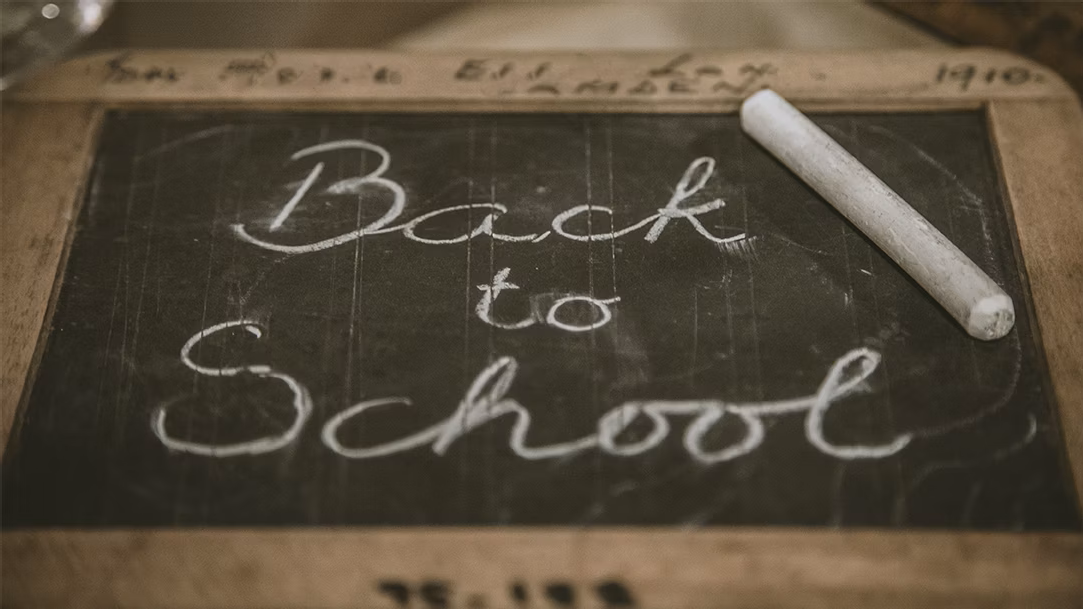 Cursive chalk writing on a blackboard that says “Back to School”