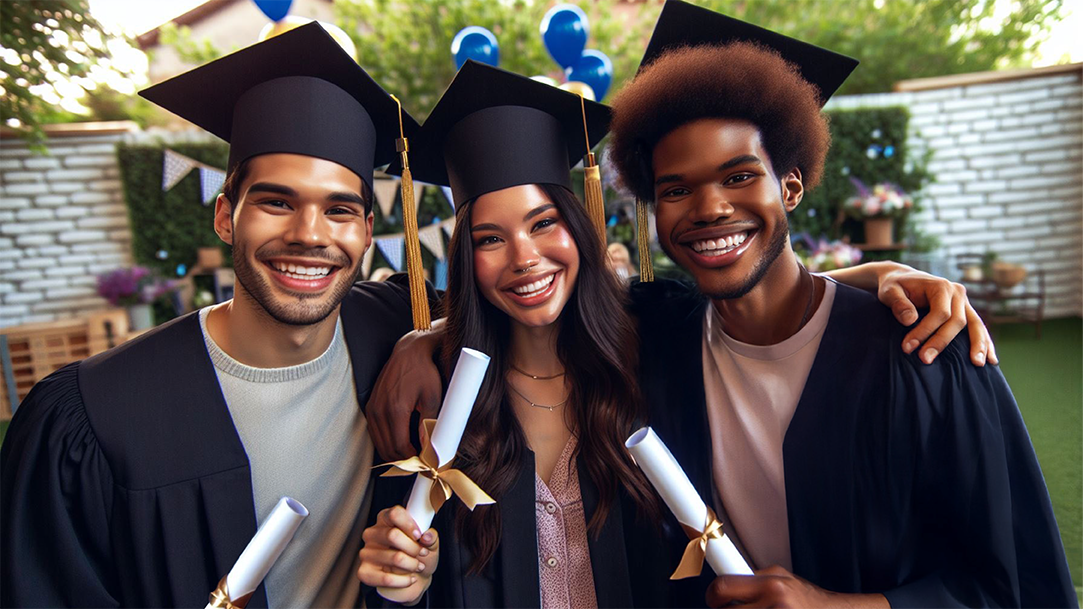 Three friends celebrating their college graduation at an outdoor graduation party while holding their diplomas
