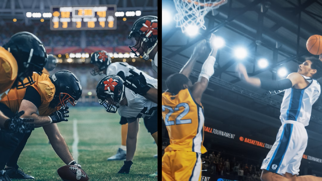 Side by side image of a basketball game and a football game
