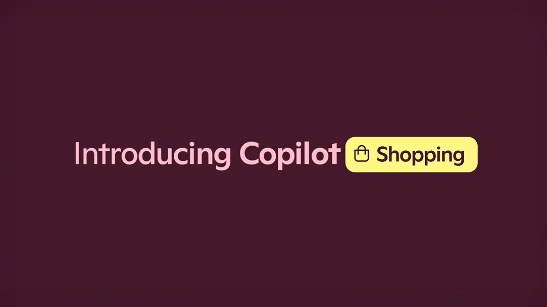 Light text of “Introducing Copilot Shopping” on a dark berry background