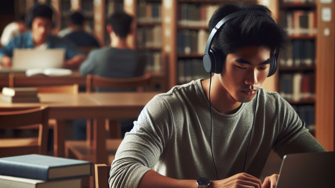 A student wearing headphones studies in a library