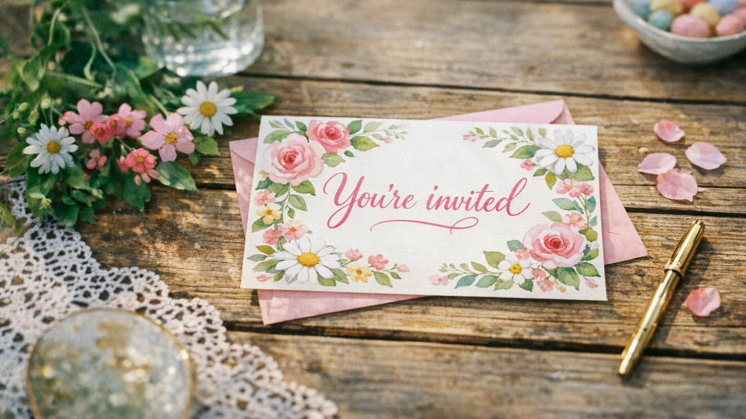 A top-down view of a spring-themed party invitation on a wooden table