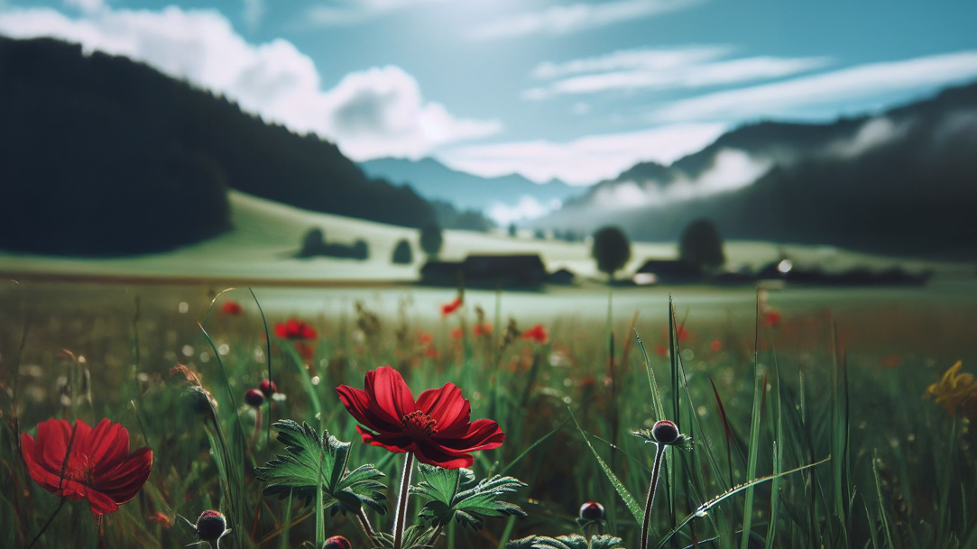 An image of a serene meadow landscape with a clear blue sky and a blooming red flower in a green field