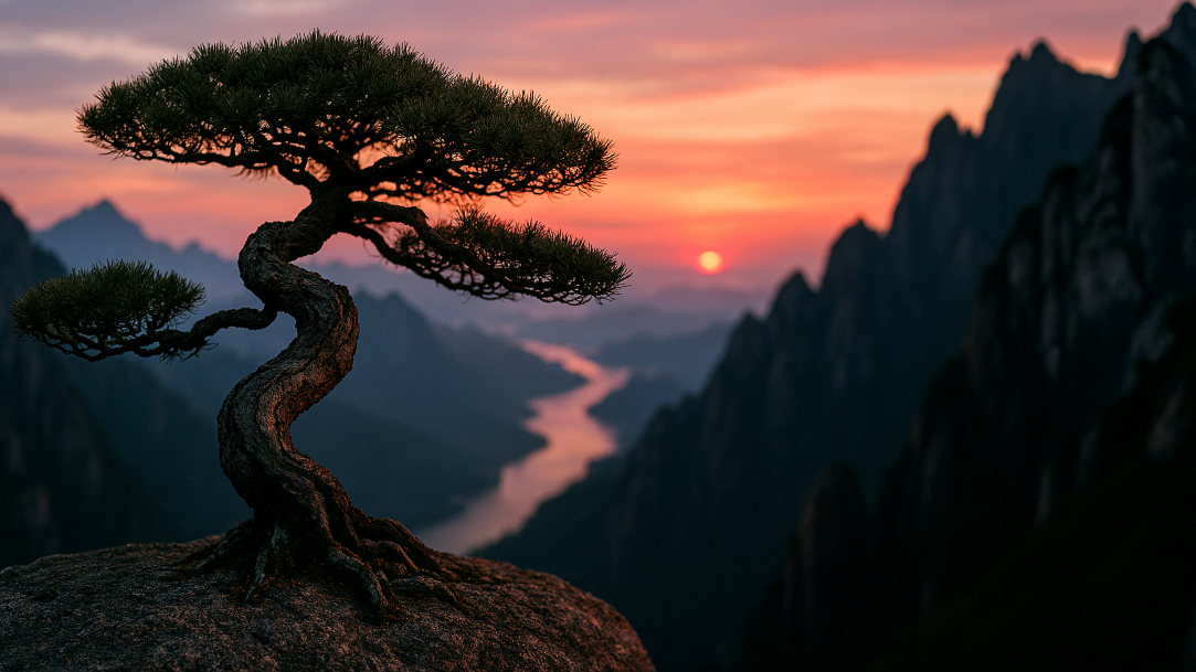 A Bonsai tree overlooking a valley