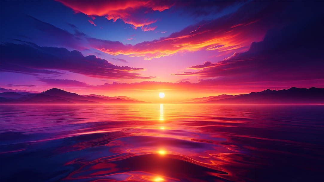 An image of a vibrant sunset with shades of orange, pink, and purple, reflecting on a calm ocean