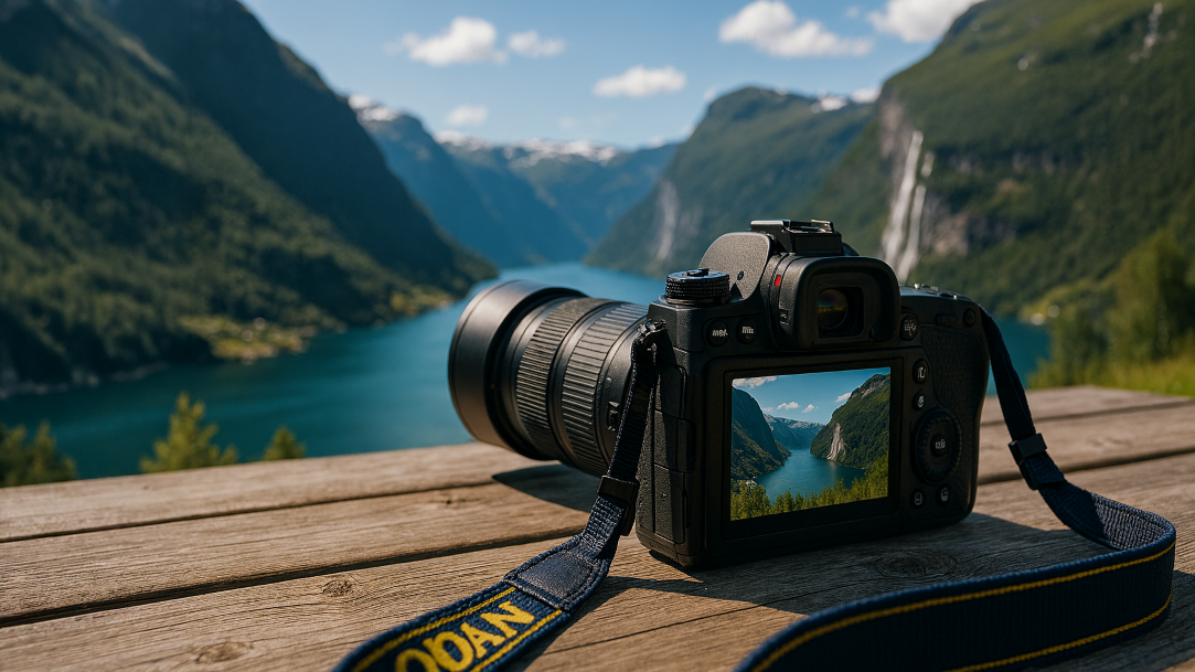 A camera sitting on a table in front of a mountain lake