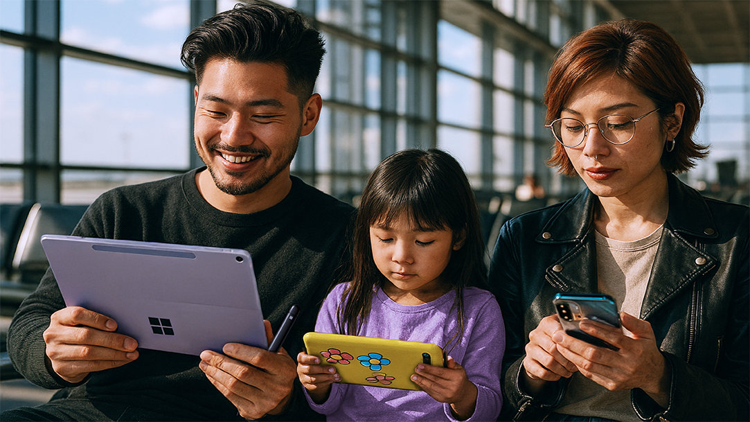 A young family man using a Copilot+ PC to help plan family vacation travel agenda