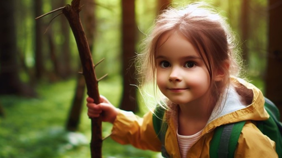 Little girl in a parka with a backpack and walking stick in sunlit woods