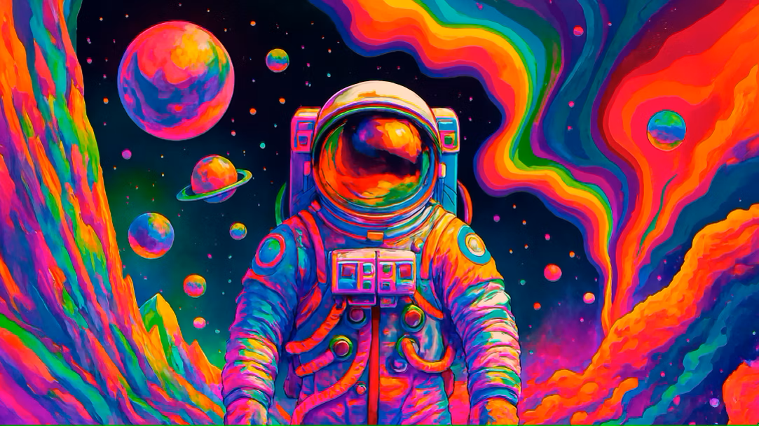 Fluorescent painted astronaut walking on planet in outer space