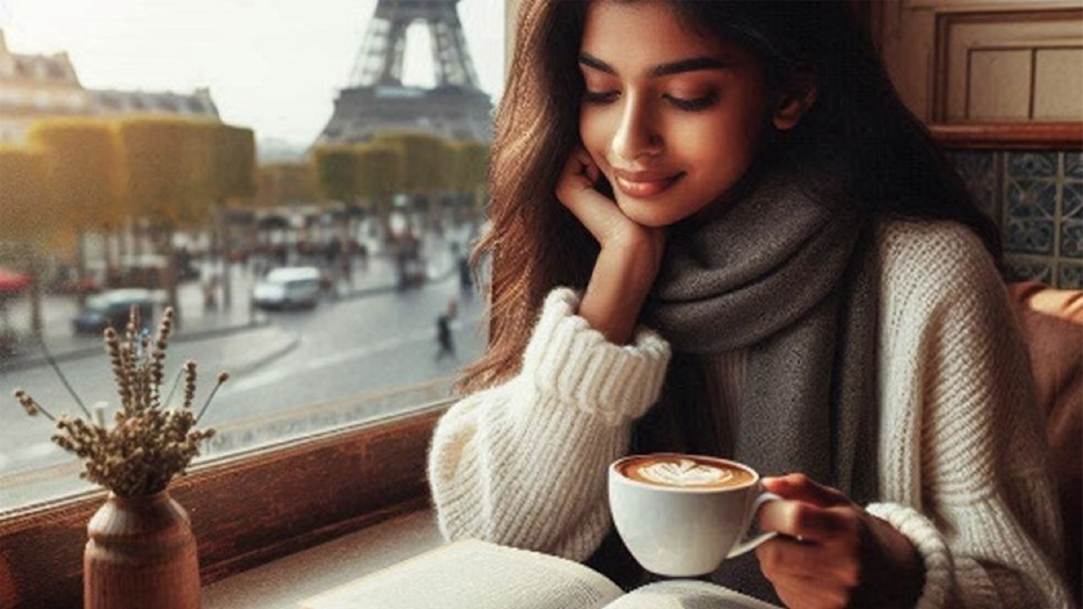 Young woman reading a book in a cafe with Eiffel Tower in background