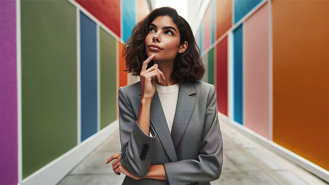 A well-dressed woman stands in front of a pair of brightly painted walls with her finger on her chin, looking thoughtful