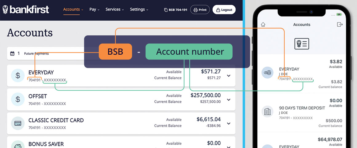Graphic showing the BSB and Account number on a desktop and mobile screen.