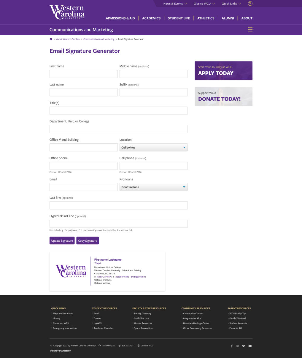 Screenshot of WCU Email Signature Generator
