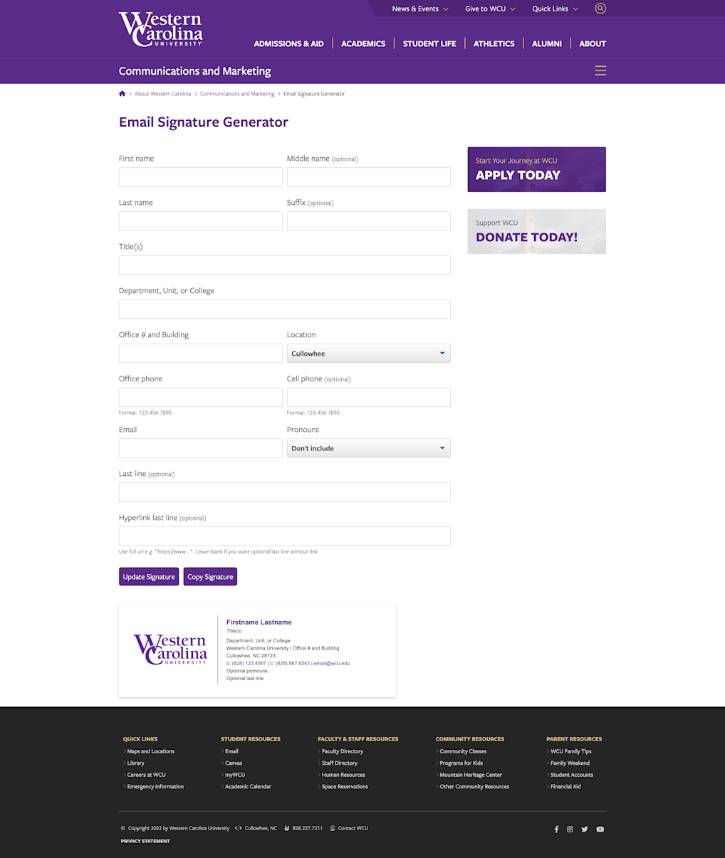 Screenshot of WCU Email Signature Generator