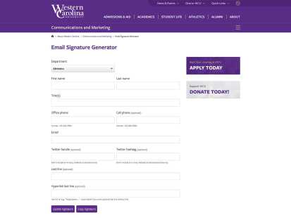 Screenshot of Email Signature Page on wcu.edu