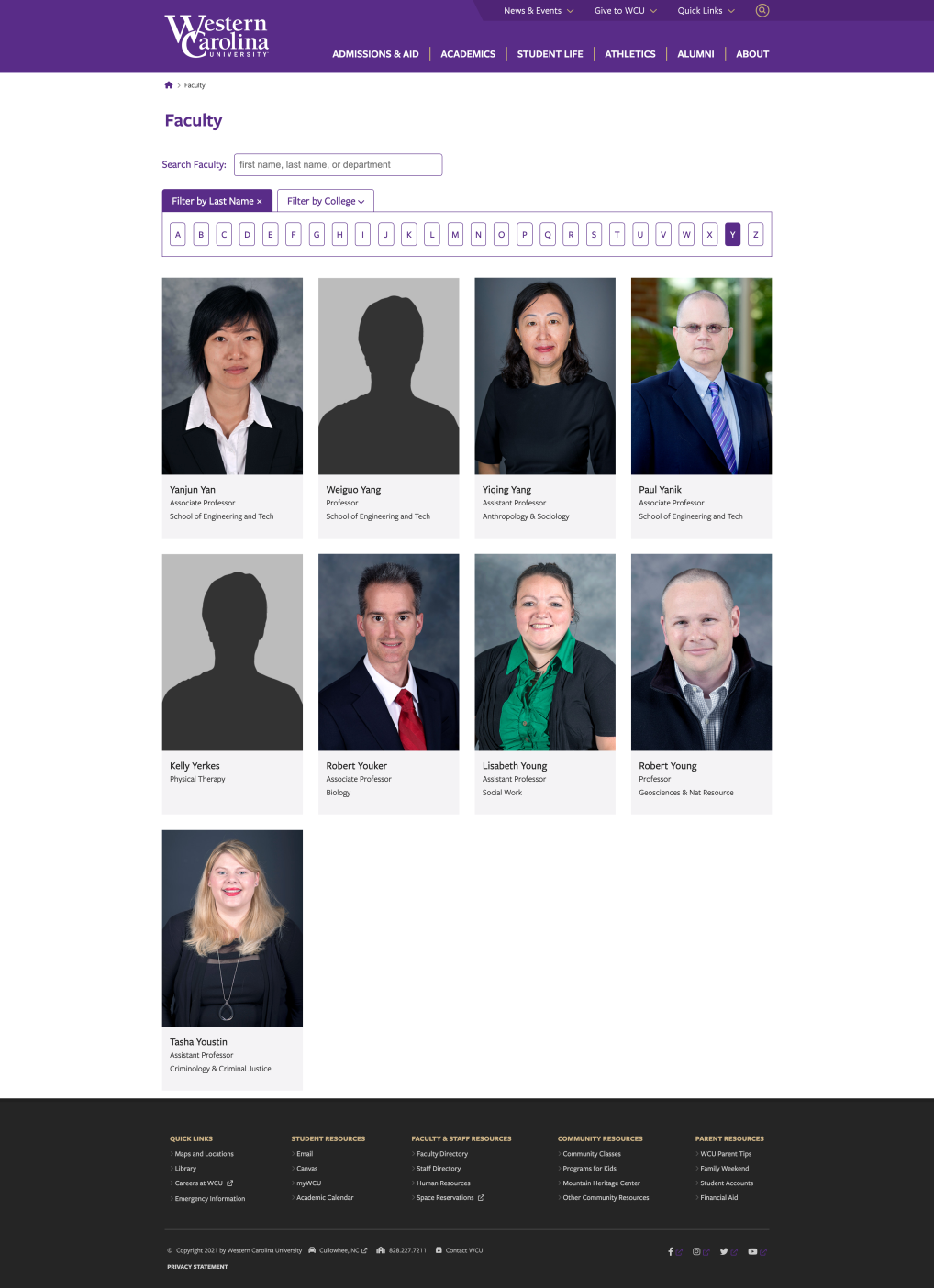 screenshot of wcu faculty directory
