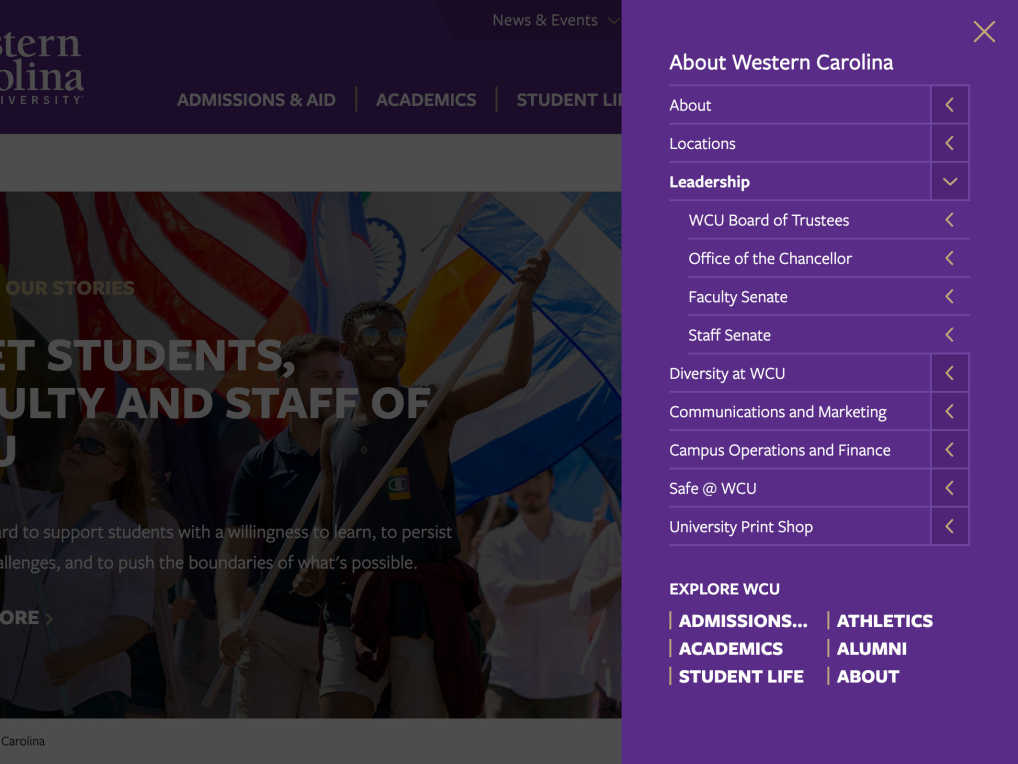 screenshot of navigation on wcu.edu