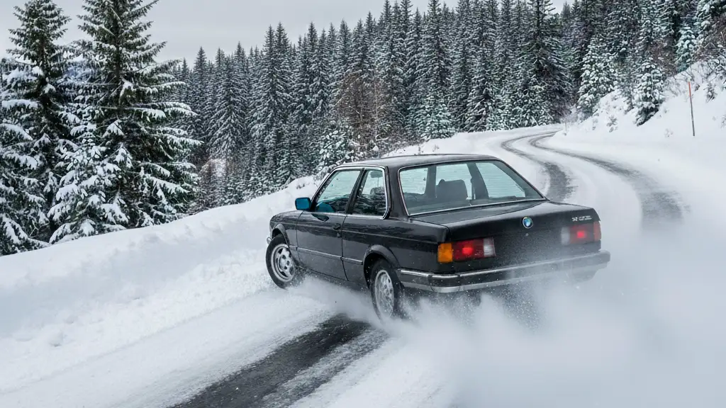 A rear-wheel drive BMW slips on a winding road