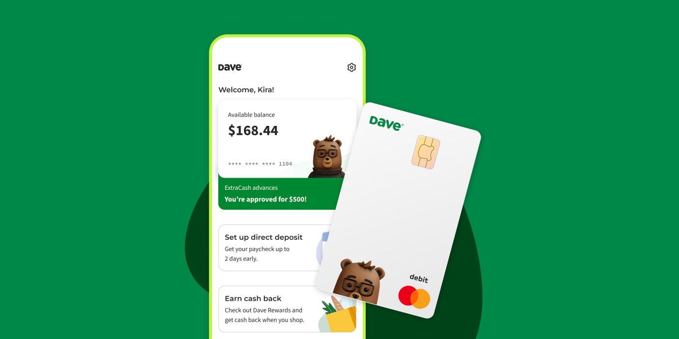 Dave Spending product ui and dave spending debit card