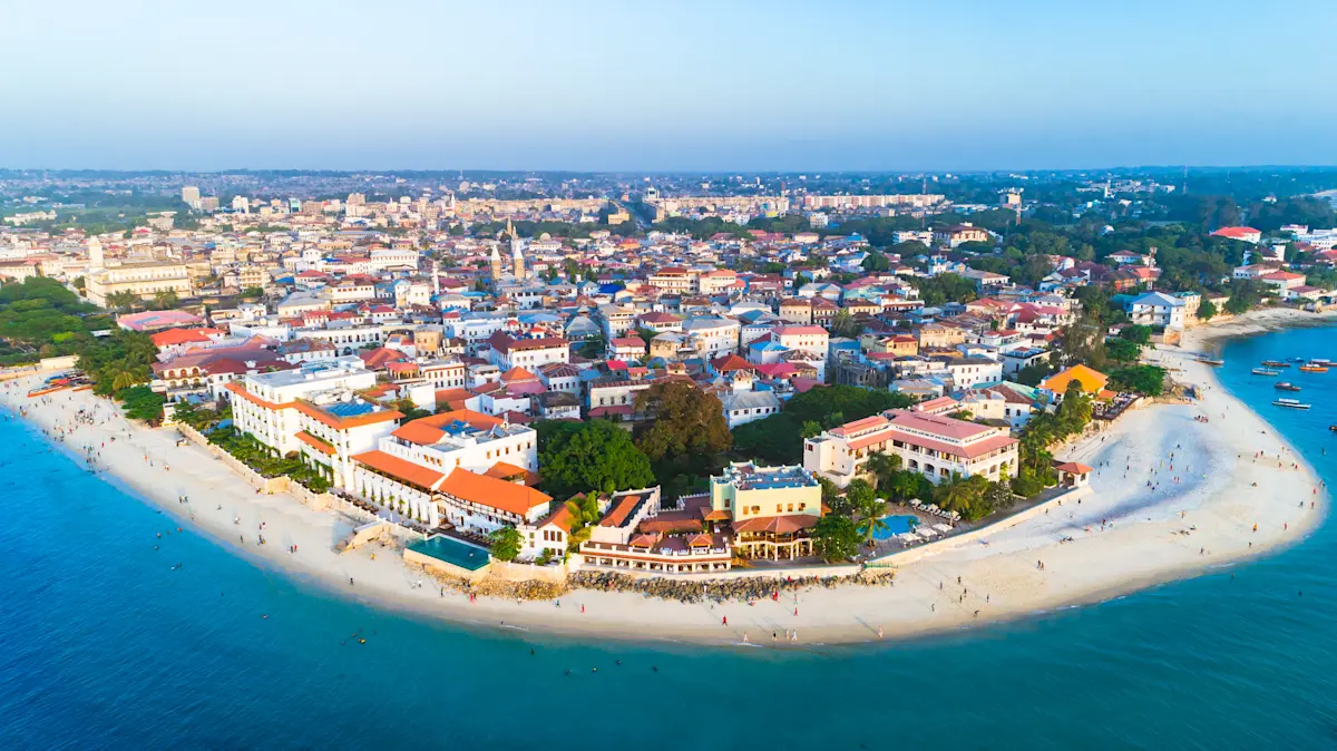 Aerial view of Stone Town's waterfront and beach on Zanzibar