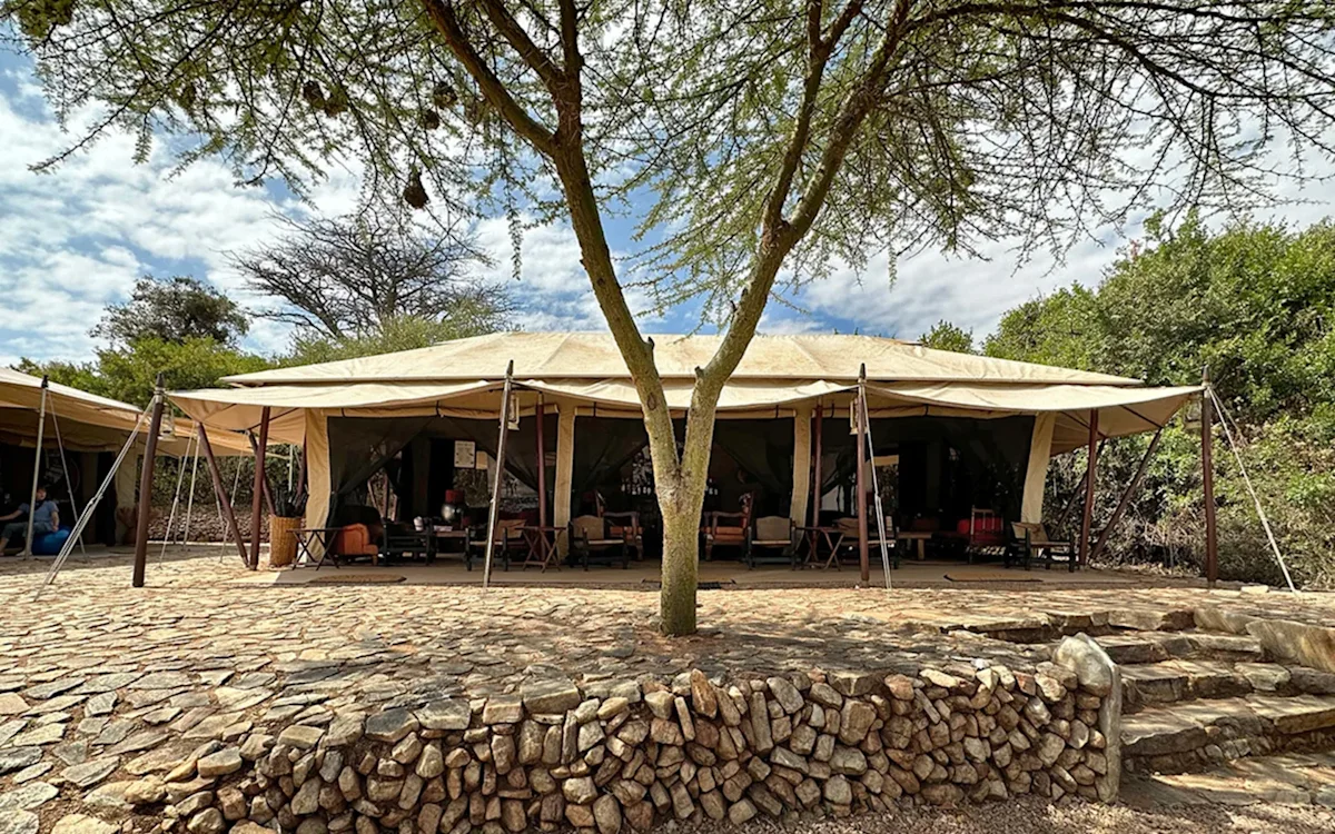 Large canvas lounge tent behind a stone terrace and acacia tree at Eastern Serengeti Nyumba