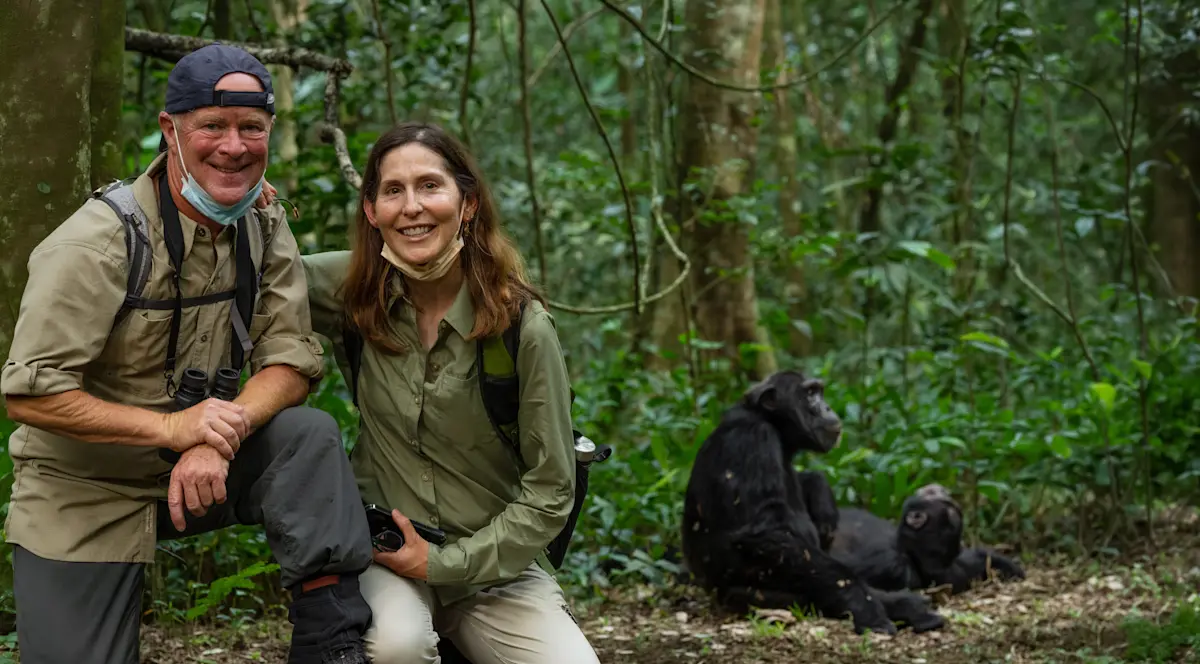 Two travelers kneeling in the forest near resting chimpanzees in Mahale Mountains National Park