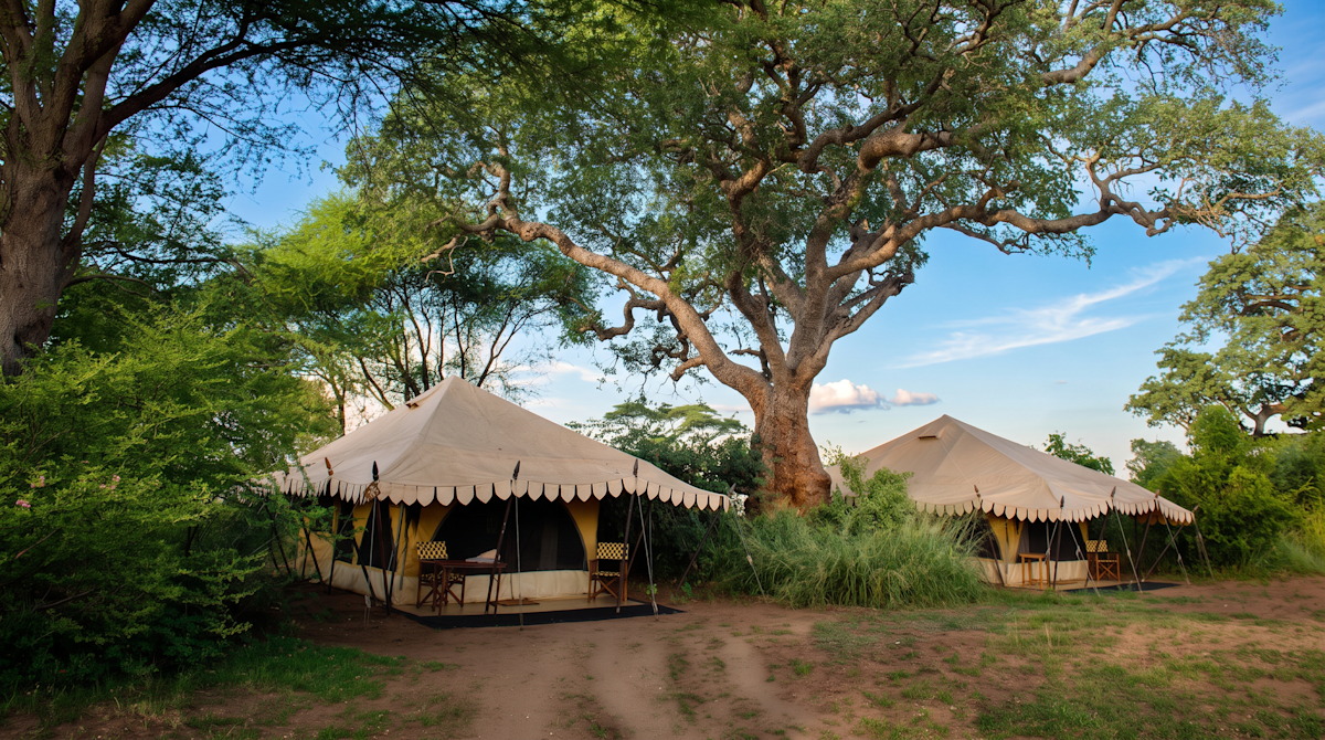 Canvas guest tents beneath large shade trees at Tarangire Nyumba