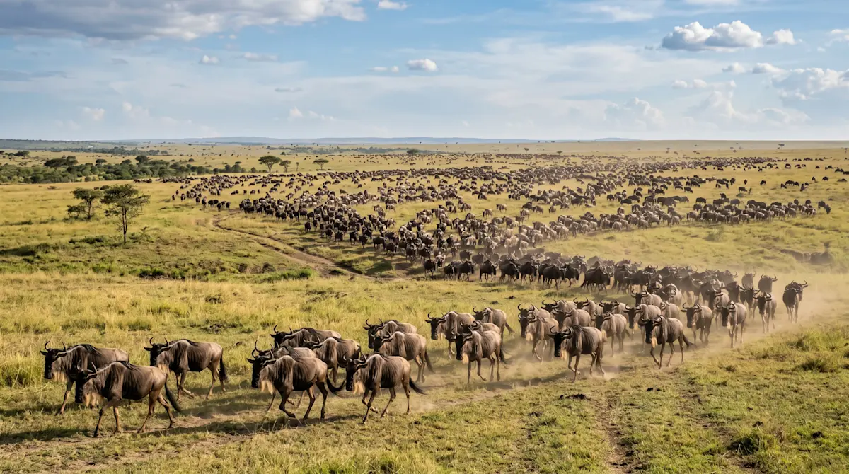 Wildebeest herd streaming across the grassy plains of Serengeti National Park