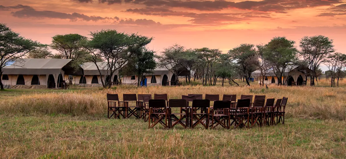 Circle of camp chairs around a fire pit in front of safari tents at sunset, Serengeti Nyumba
