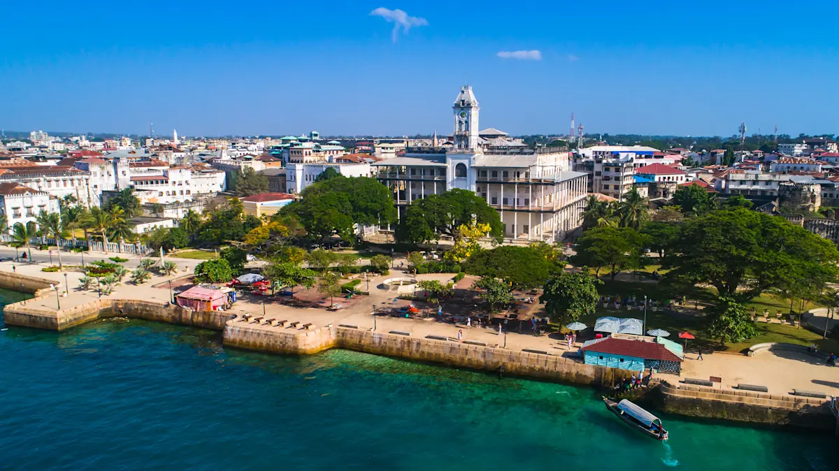 Aerial view of Stone Town's waterfront with the House of Wonders, Zanzibar