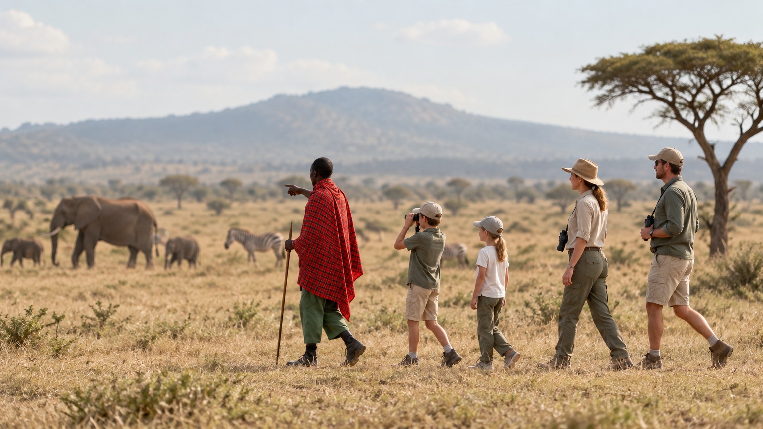Maasai guide leading a family on a walking safari past elephants and zebras