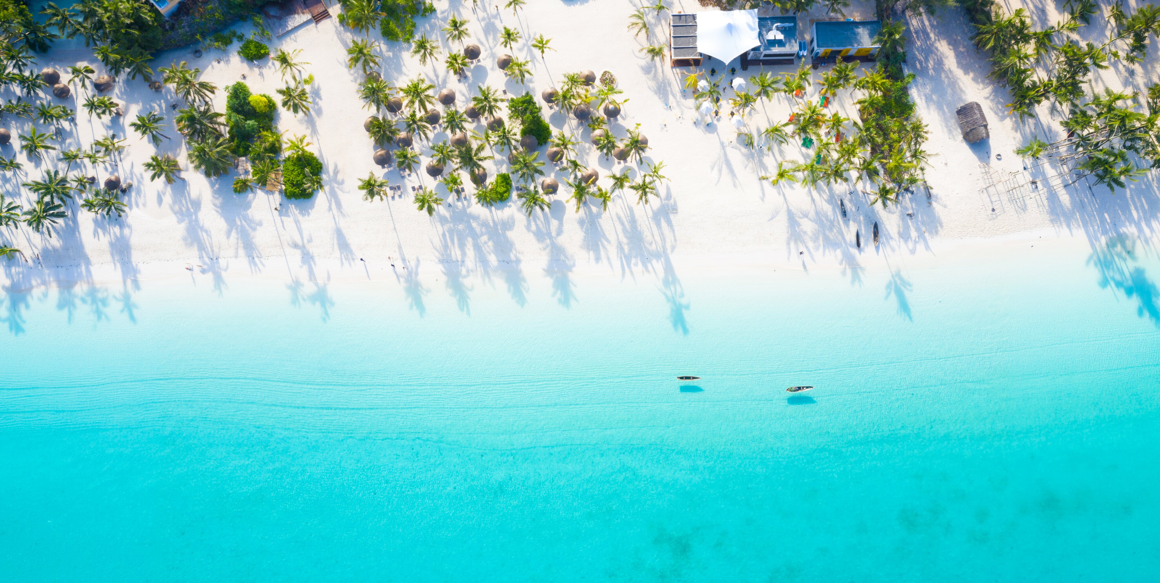 Aerial view of a white sand beach, palm trees and turquoise water on Zanzibar
