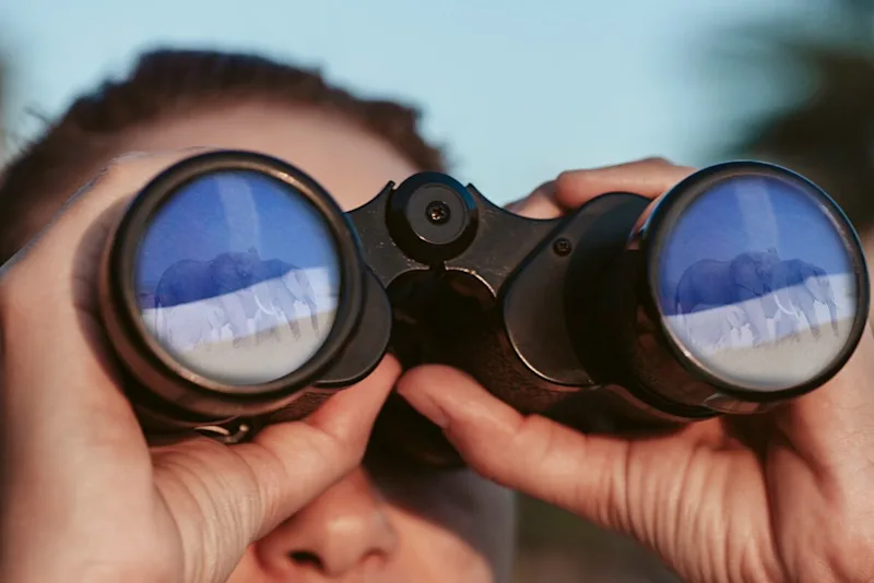Close-up of a person looking through binoculars