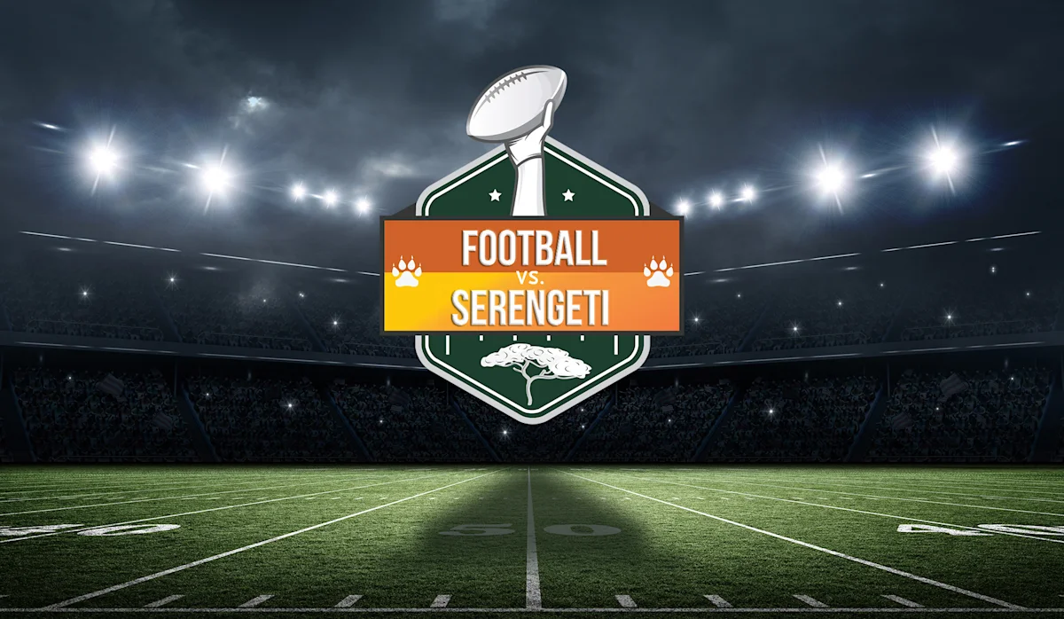 Football vs. Serengeti logo over a floodlit football stadium