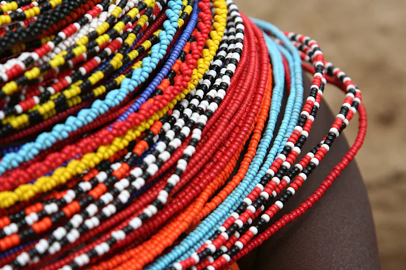 Close-up of colorful Maasai beaded necklaces