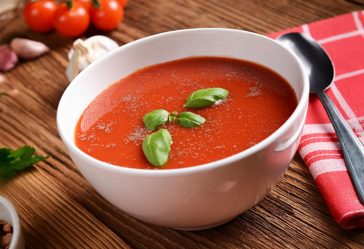 Bowl of orange and tomato soup garnished with basil