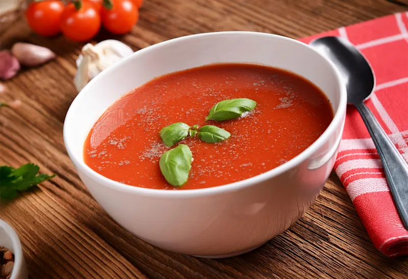Bowl of orange and tomato soup garnished with basil