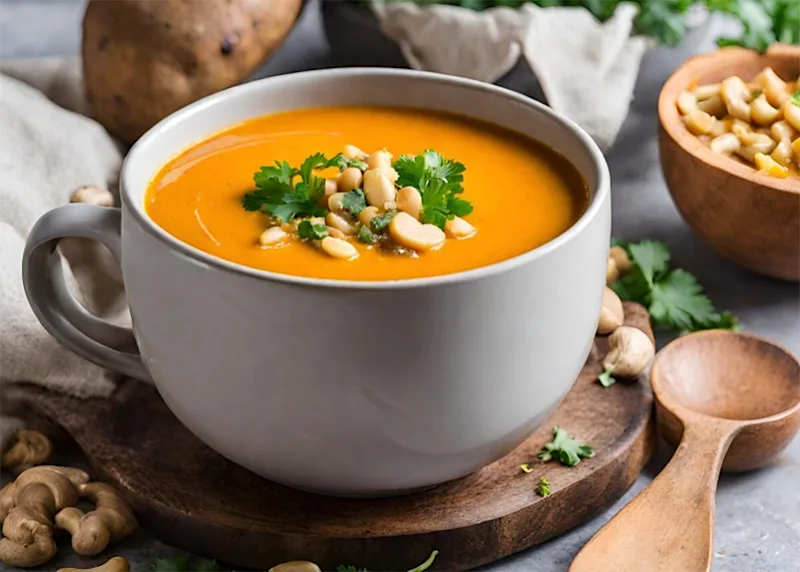 Mug of sweet potato and veggie curry soup topped with cashews and cilantro